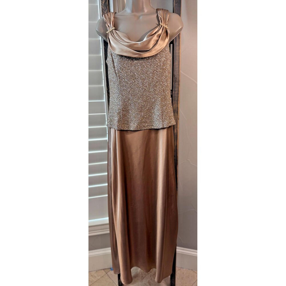 Patra Dress Womens 12 Gold Glitter Formal Gown Prom Cruise Satin Rhinestone Long